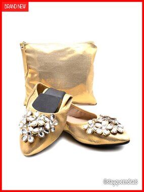 Foldable Ballet Flats Rhinestone Pointed Toe Comfortable Wedding Shoes